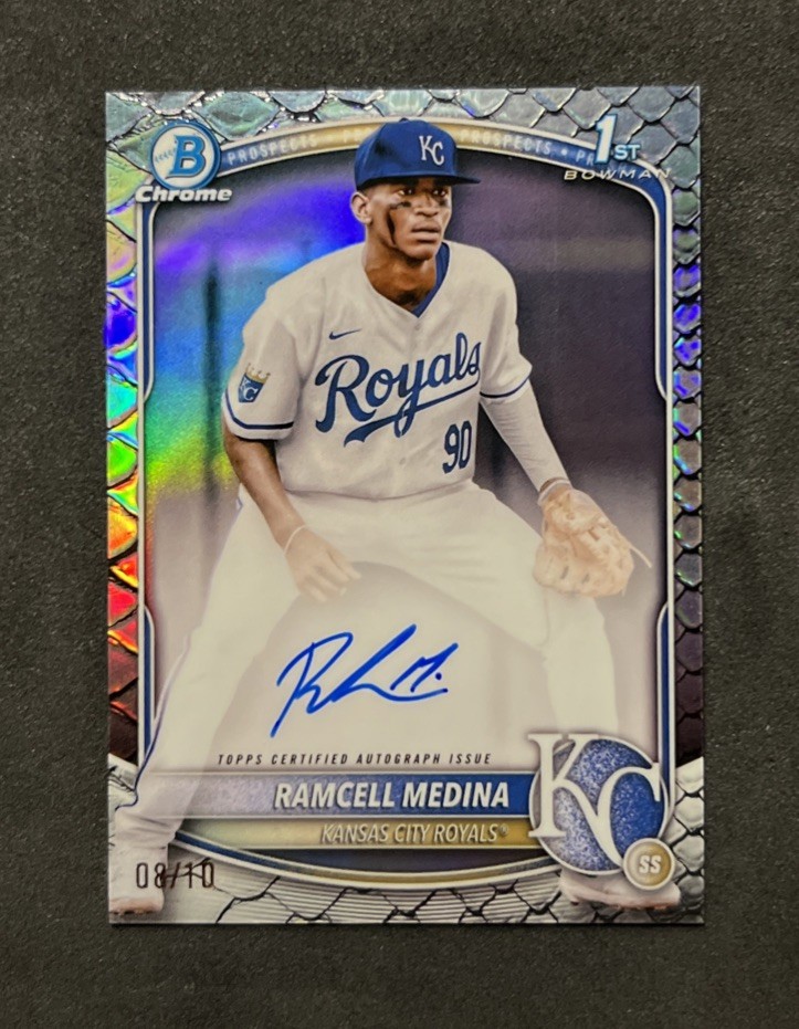  2025 Bowman Chrome Ramcell Medina 1st Reptilian Black Refractor Auto /10 Royals