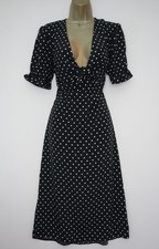 MISS SELFRIDGE BLACK WHITE POLKA DOT MIDI TEA DRESS SIZE 12 TIE BUST PUFF SLEEVE