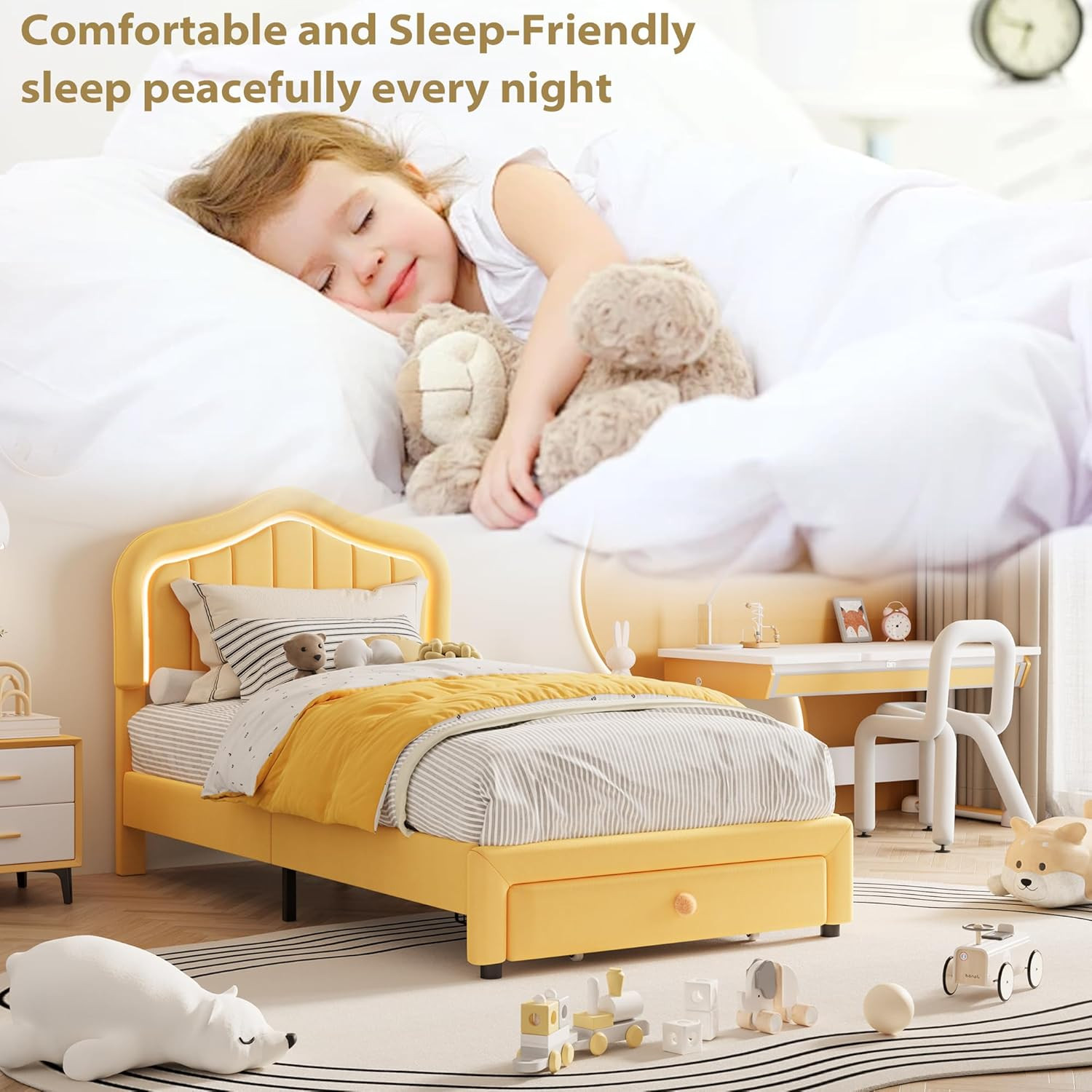 Twin Upholstered Bed Frame with Storage & LED Headboard - Yellow