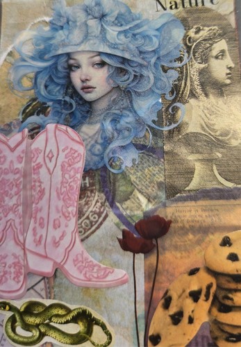 ACEO Mixed Media Collage OOAK Art Signed Woman Boot Cookies - Raquel Plank