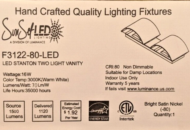 SUNSET LIGHTING STANTON 2-LIGHT LED VANITY SATIN NICKEL 3000K 60W 19"W F3122-80 - Image 2 of 3