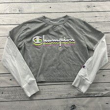 Champion Cropped Spell Out Logo Long Sleeve T Shirt Women's Medium Gray