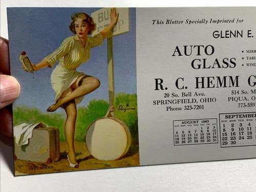 1963 Elvgren Pin Up Ink Blotter Pretty Girl Hemm Glass Troy Springfield Ohio