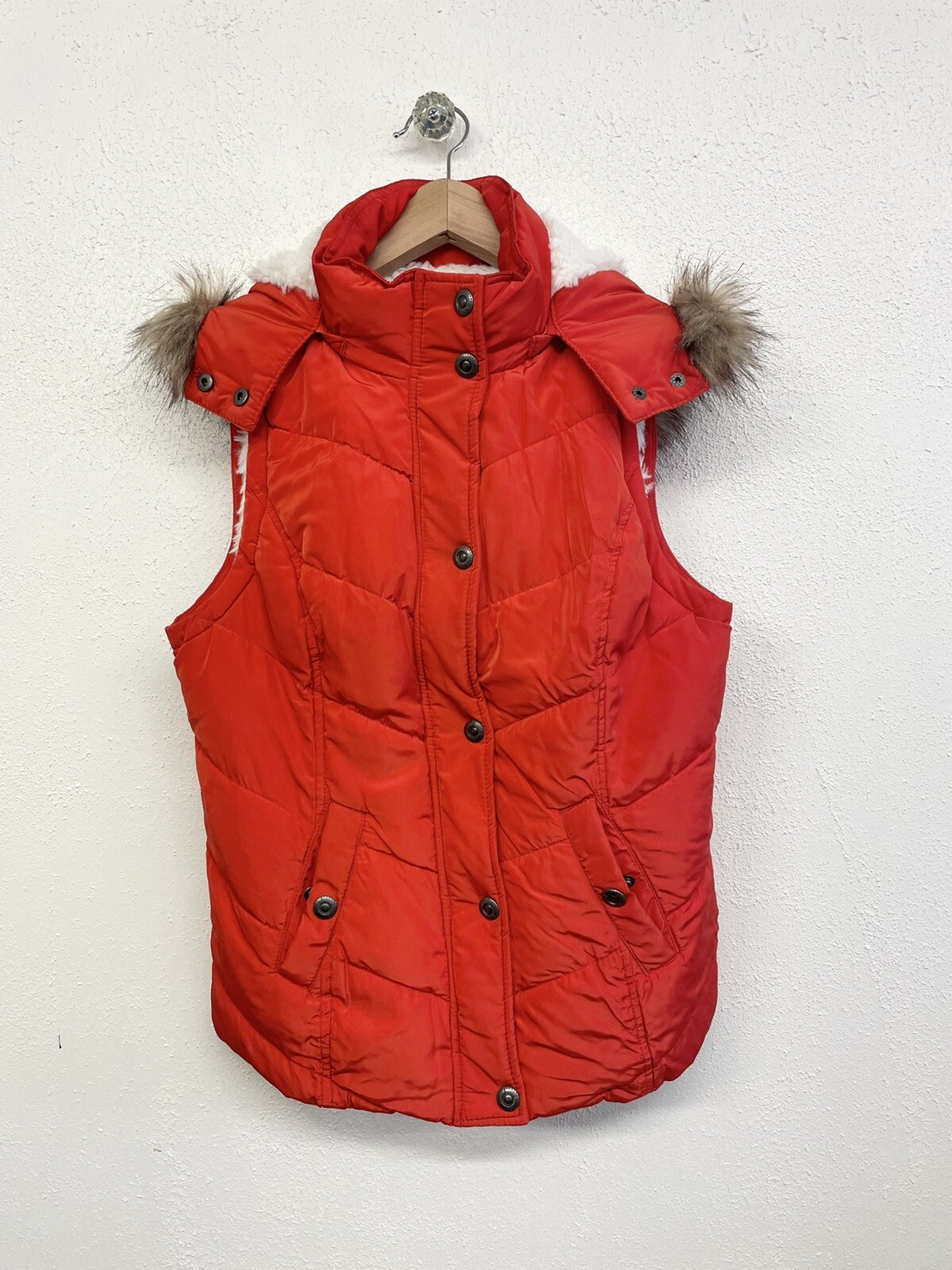 Green Tea Quilted Puffer Vest Faux Fur Hood Orange Fl… Gem