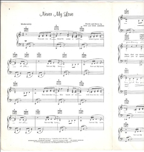 1967 THE FIFTH DIMENSION Sheet Music NEVER MY LOVE Don & Dick Addrisi - Picture 2 of 5