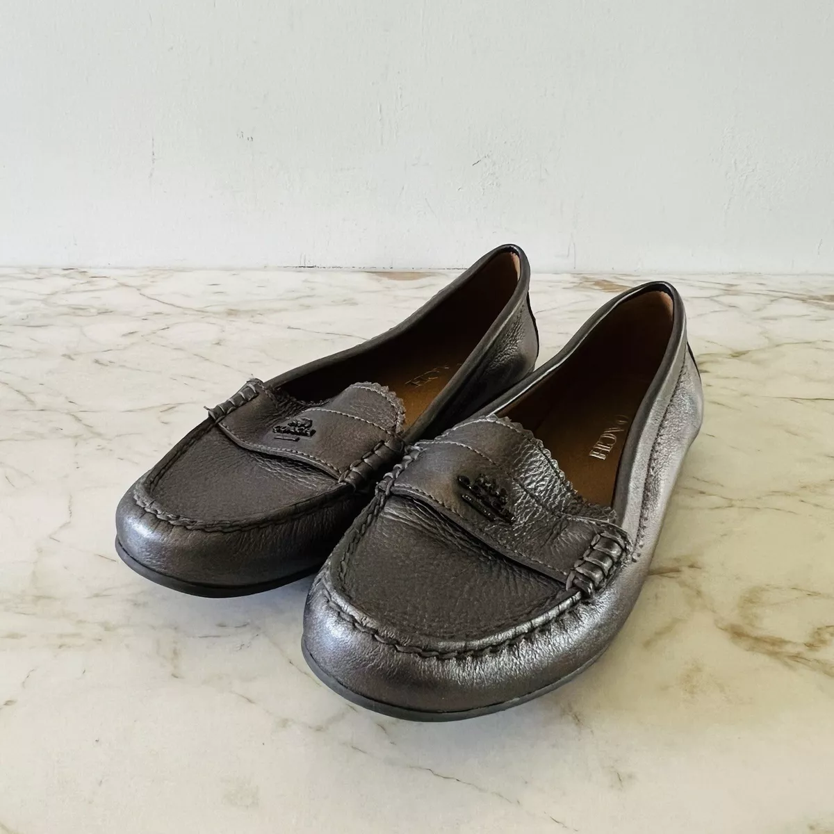 COACH Odette Solid Metallic Black Gray Leather Driver Loafer Black