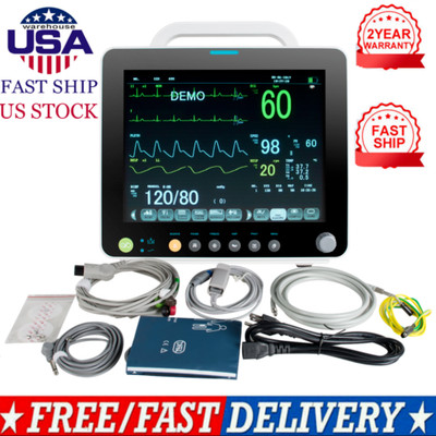12'' Portable Patient Monitor Vital Signs SPO2,NIBP,ECG,RESP,TEMP,PR--Carejoy