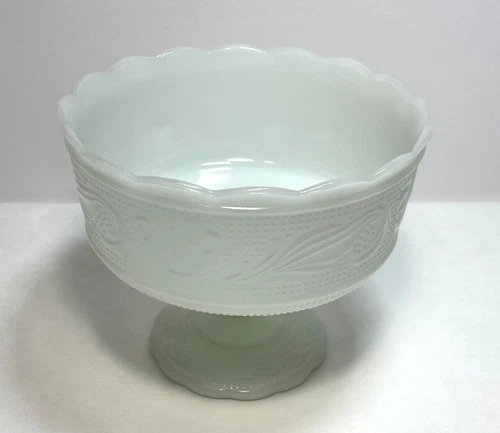 Vintage EO Brody M6000 Milk Glass Pedestal Compote Bowl Scalloped Edge