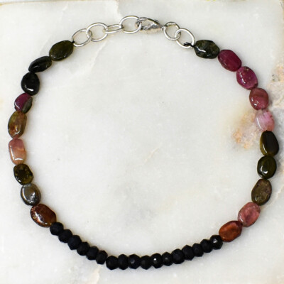 31.00 Cts Natural 7'' Long Blue Power Tiger Eye & Tourmaline Bracelet JK 06E170