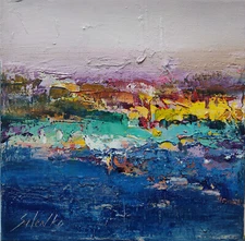 Original oil painting 8"x8", Abstraction, Landscape Contemporary art, Blue sea