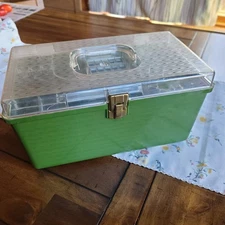 Vintage Wilson Wil Hold Sewing Box GREEN with Tray Clear Top Vintage Brass Clasp