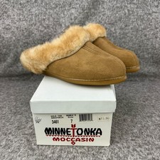   Women's 7 Minnetonka Gold Tan Sheepskin Moccasin Slippers Soft Suede Mules 3461