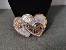 Vtg Montana Silversmiths Double Heart Western Belt Buckle Silver Plate Gold Trim