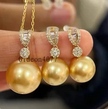 Beautiful AAA+ 16mm South Sea gold round Shell Pearl pendnat Earrings set S925