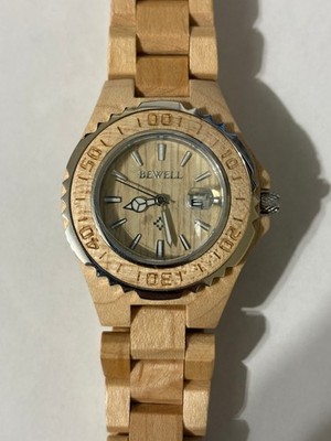 BEWELL Ladies Wooden Watch Light Wood Band Analog Quartz Date NEW Not Running
