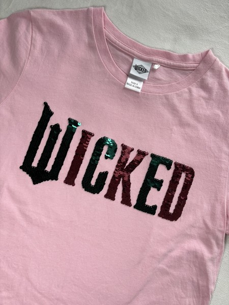 Wicked Universal Studios Womens Pink Slogan Musical Sequin T-Shirt Size S