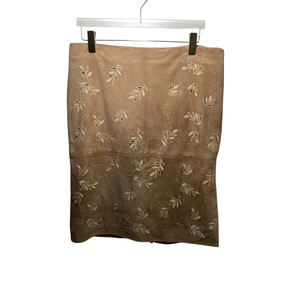 Falda Recta Raplh Lauren Etiqueta Negra 100% Cuero Gamuza Suave 14 Tostado Camel Foto 3 de 4