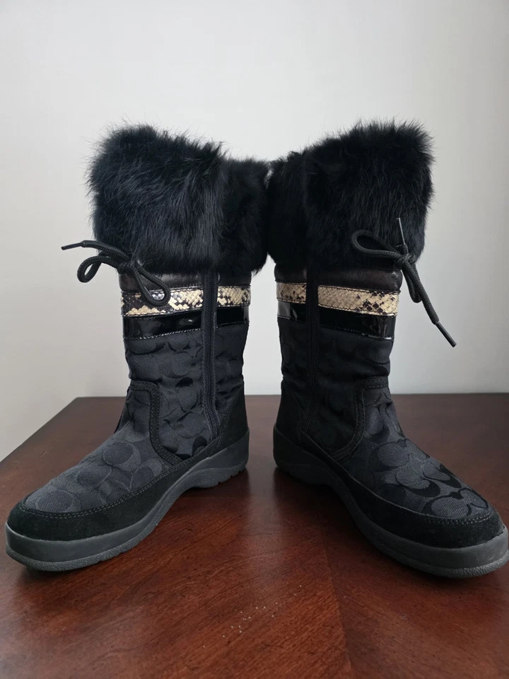 Botas de invierno Coach Lorna de piel con monograma piel de serpiente negras cremallera Apres esquí talla 6 Foto 3 de 4