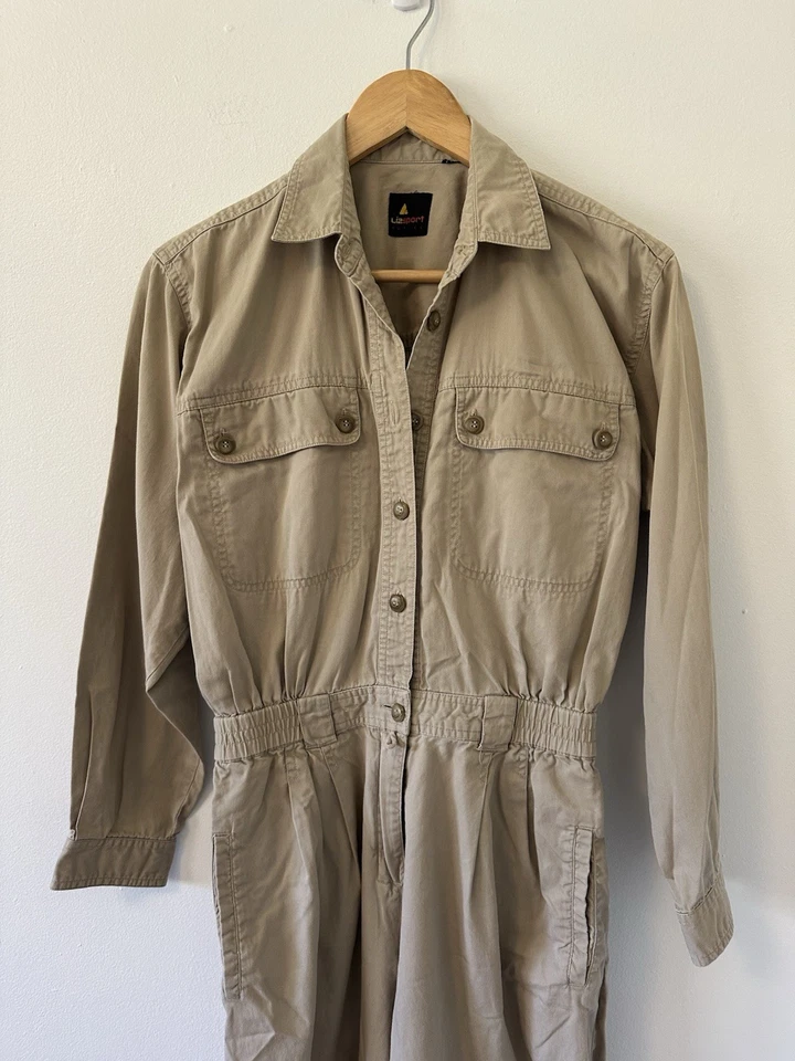 Liz Claiborne Retro Vintage Tan Cotton Button Up Jumpsuit - Image 2 of 4