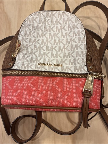 7148) Michael Kors Rhea Zip X-small Mini Messenger Backpack Purse Pink Brown - Picture 2 of 6