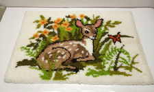 Vtg LATCH HOOK RUG DEER BAMBI FLOWERS Crocheting Knitting White Brown FINISHED