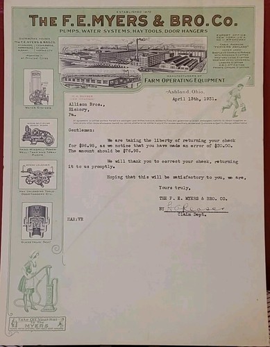 1931 The F. E. Myers & Bro Co Ashland Ohio Beautiful Letter Ephemera