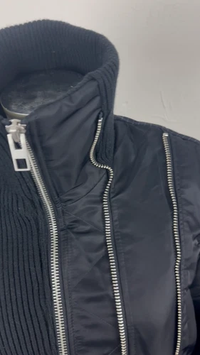 ZARA NAVY PINSTRIPE OVERSIZED PADDED BOMBER JACKET WITH MULTI ZIP CROP COAT - Video 1 of 1