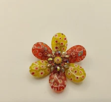 Signed Sweet Romance Vintage Millefiori  Flower Pin/ Glass Rhinestone Metal