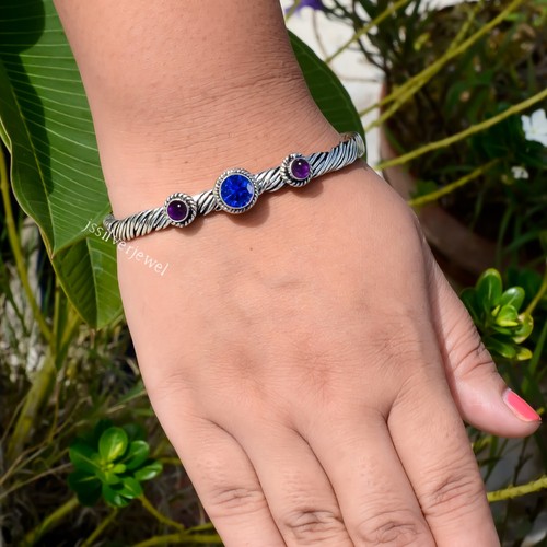 Bracelet En Argent 925 Avec Pierre De Lune & Topaze Bleue - Ajustable - Fait Main En Inde - Neuf Sans Emballage