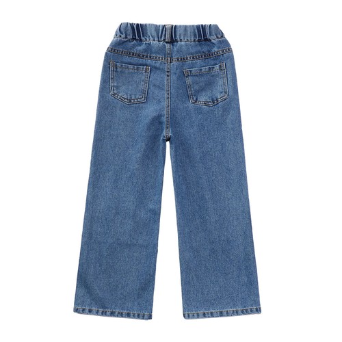 Kid Girls Stra Print Elastic Waist Baggy Wide Straight Leg Ripped Denim Jeans - Picture 8 of 34