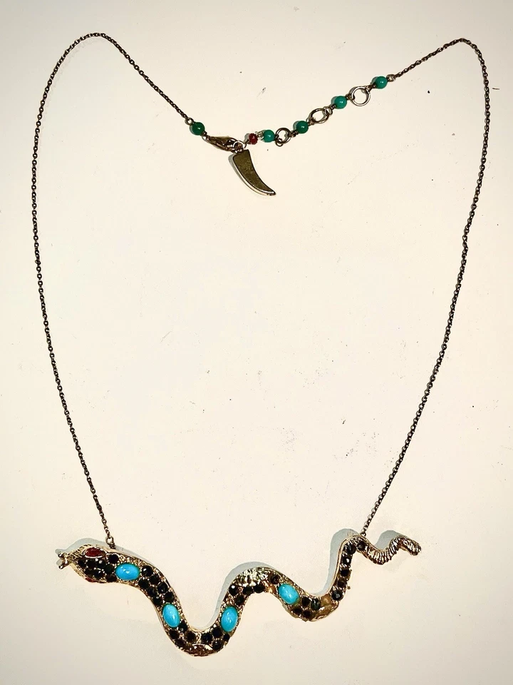 Pade Vavra Gemstone Serpent Snake Necklace 1 of 1 Turquoise Ruby 14K Gold Clad - Image 3 of 4