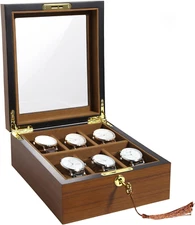 6 Slot Wooden Watch Box Holder Glass Lid Organizer Jewelry Storage Display Case