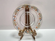 Clear Glass Serving Plate Multi-Colored Floral Gold Trim Flowers 9.5” VTG