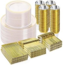 600PCS Clear Gold Dinnerware Set 100 Guests Plastic Plates Party Christmas New