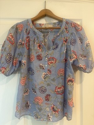 LOFT Womens Small Blue/Pink Floral Short Sleeve Peasant Top Cotton Button