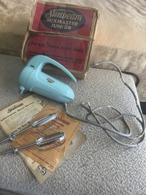 Vtg 50'S SUNBEAM MIXMASTER JUNIOR Turquoise hand Mixer In Orig Box