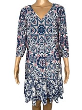 Eliza J Petite Paisley A Line Dress Womens 14P Teal V Neck 3/4 Sleeve NWT