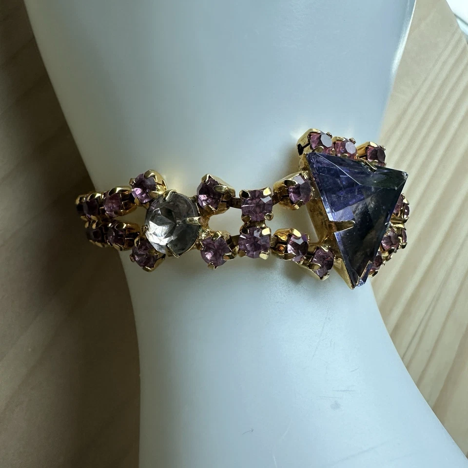 VTG Bracelet Size 6.5 Clear Pink Purple Triangle Crystal Rhinestones Gold Plated - Image 3 of 4