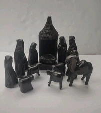 Carved Ebonized Wood African Folk Art Nativity Set- Holy Family, Magi, Animals