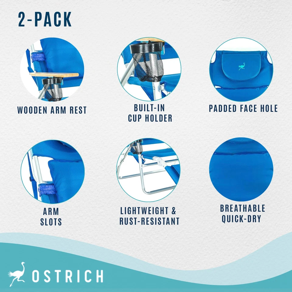 Ostrich Deluxe 3N1 Lightweight Outdoor Lawn Beach Lounge Chair w/ Footrest, Blue - Image 3 of 4