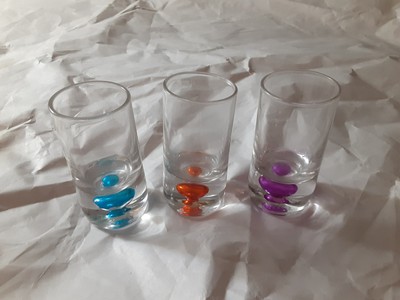 lot of 3 base-Colored Shot Glasses   Blue Orange Purple   Retro Vibe, 2.75'' tall