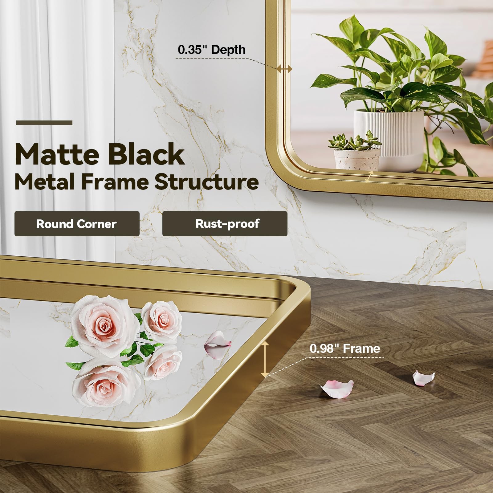 Gold Bathroom Mirror for Wall, 22x30 Inch Rectangular Gold Metal Framed Mirro...