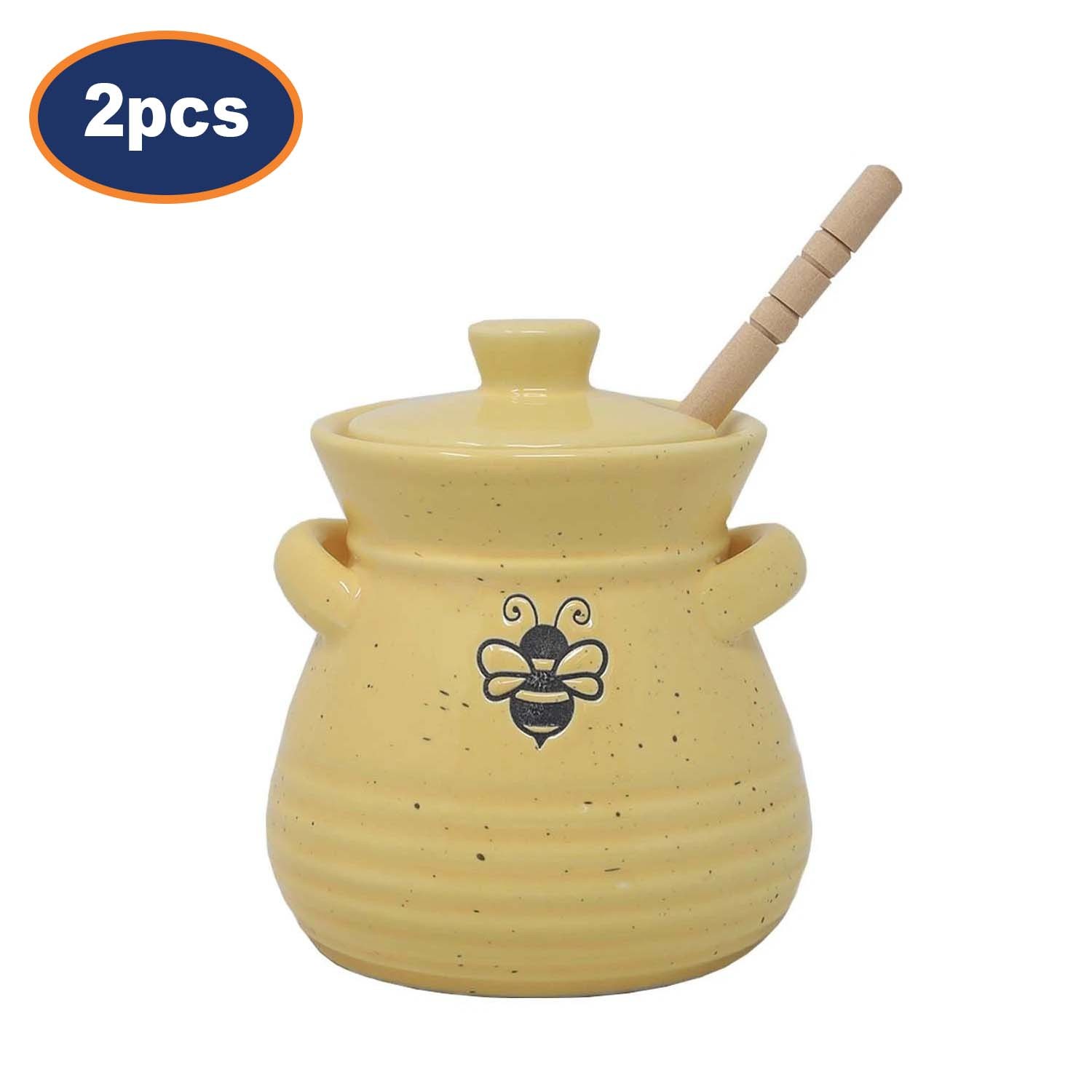 Ceramic Honey Pot w/ Wood Dipper Storage Jar Dispenser Kitchen 350ml Set of 2