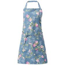 Women's Blue Floral Cotton Linen Apron Full Length Adjustable Strap 2 Pockets