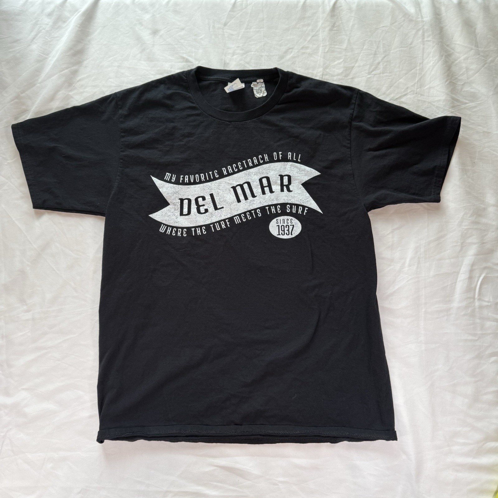 Men’s Large Black Del Mar Horse Race Track Short Sleeve Tee Shirt 100% Cotton.
