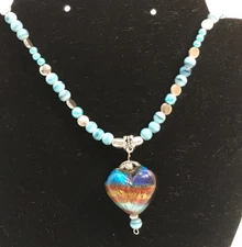 Artisan Made Glass Heart Murano Style Pendant Necklace Aqua Stone Silver Bead