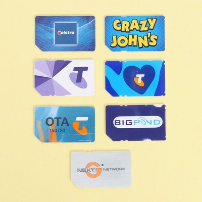 7x Vintage Telstra, Bigpond, Crazy Johns Full-Size GSM Mobile Phone SIM Cards