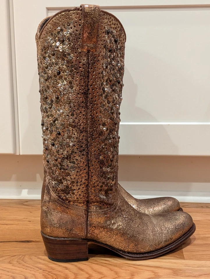 Botas de Vaquero Frye Deborah Tachonadas Altas Dorado Cuero Metálico Para Mujer Talla 8 Foto 2 de 4