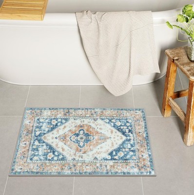Blue Bath Mat Boho Distressed Bath Rug Oriental Soft Shaggy Non-Slip Bathroom...