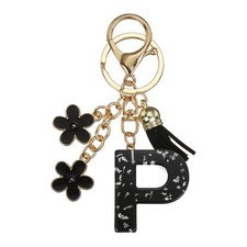 Alphabet Initial Letter Keychain Cute Charm with Tassel Flower Letter P Black